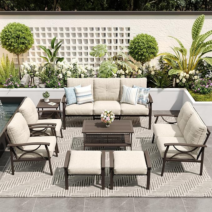 FansaFurn 8-Pieces Outdoor Patio Furniture Set, Outdoor Metal Sectional Furniture with Cushions, Outdoor Conversation Seating Set with Coffee Table for Garden, Balcony, Deck, Backyard, Khaki