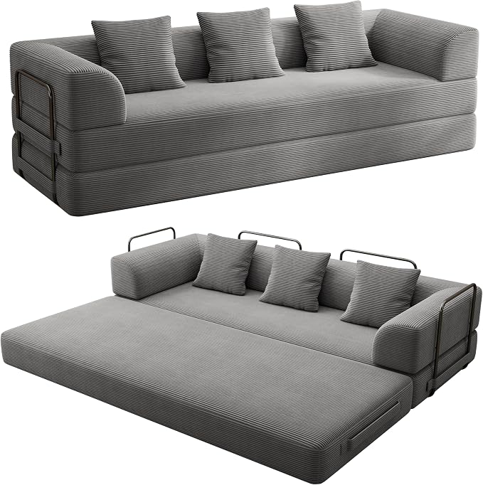 89" Cloud Boneless Convertible Sofa Bed, 5-in-1 Foldable Compressed High-Density Sponge Sofa, Corduroy Fabric 3 Seater Sleeper Couch Futon Daybed for Living Room Bedroom (Gray) | 5-in-1 Foldable