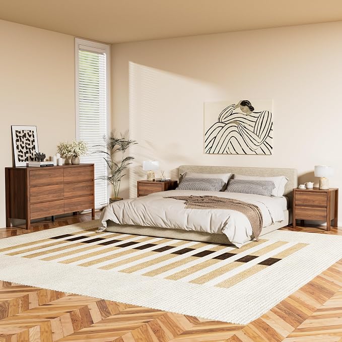 Walnut Mid-Century Modern 3 Piece Bedroom Furniture Set, 6 Drawer Dresser with Handleless Wood Grain Design and Nightstands Set of 2, Minimalist Storage Dresser for Bedroom