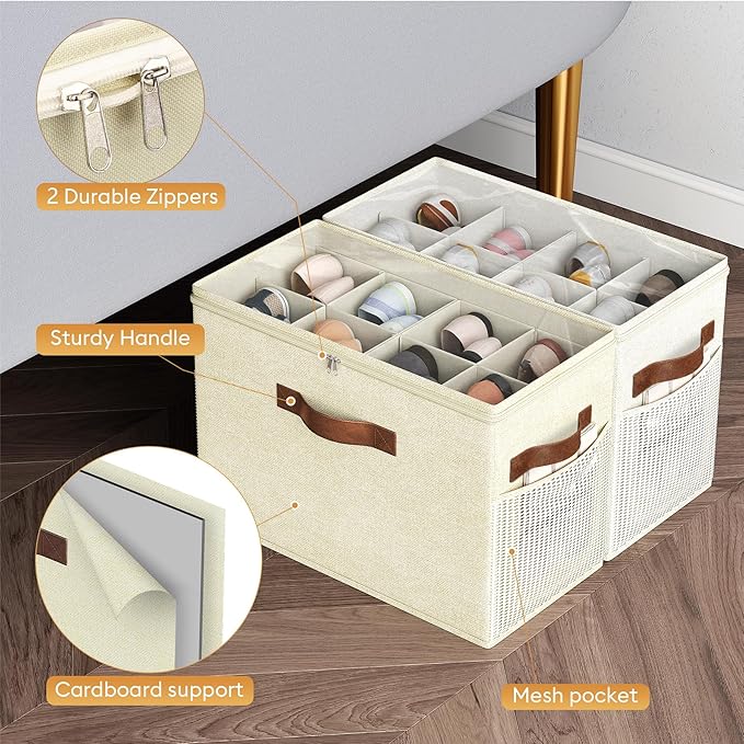 Budding Joy 2 Pack Shoe Organizer for Closet, Clear Foldable Shoe Storage Containers Adjustable Dividers Fits 16 Pairs,Shoe Storage Bins Baskets Boxes with Reinforced Handles Beige Yellow Beige | Farbic shoe storage organizer box bin with clear cover, ...
