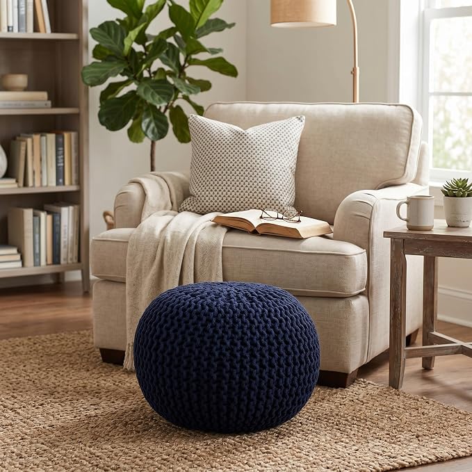 BIRDROCK HOME Round Pouf Ottoman Foot Rest - 18.5”x18.5”x15” Boho Compact Comfortable Soft Cotton Braided Foot Stool with Bean Bag Filling for Living Room, Bedroom, or Nursery (Navy)