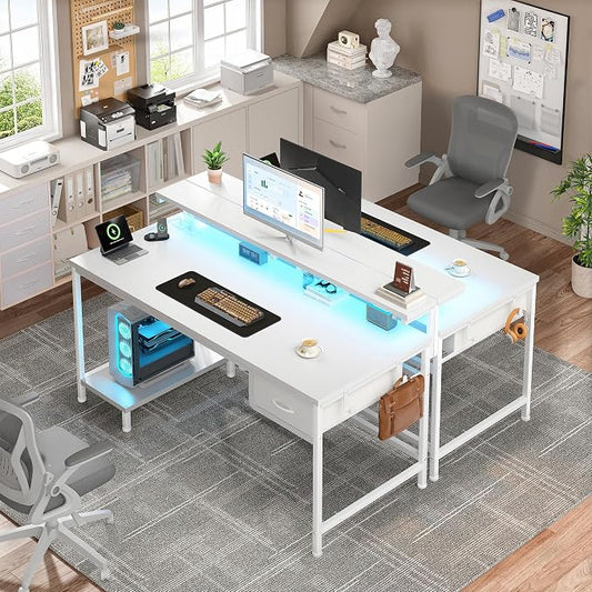 DurayLoly 39.3Inch Computer Desk with Power Outlet & Drawer,Gaming Desk with CPU Stand& LED Lights,Corner Office Desk with Ergonomic Monitor Stand for Home Work, Study and Gaming, Small Spaces,White