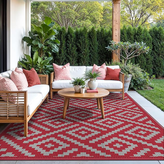 GENIMO Christmas Outdoor Rug for Patio Clearance, 6'x9' Reversible Plastic Straw Rugs, Lightweight Waterproof RV Camping Mat for Camper, Balcony, Deck, Backyard, Picnic, Red Grey