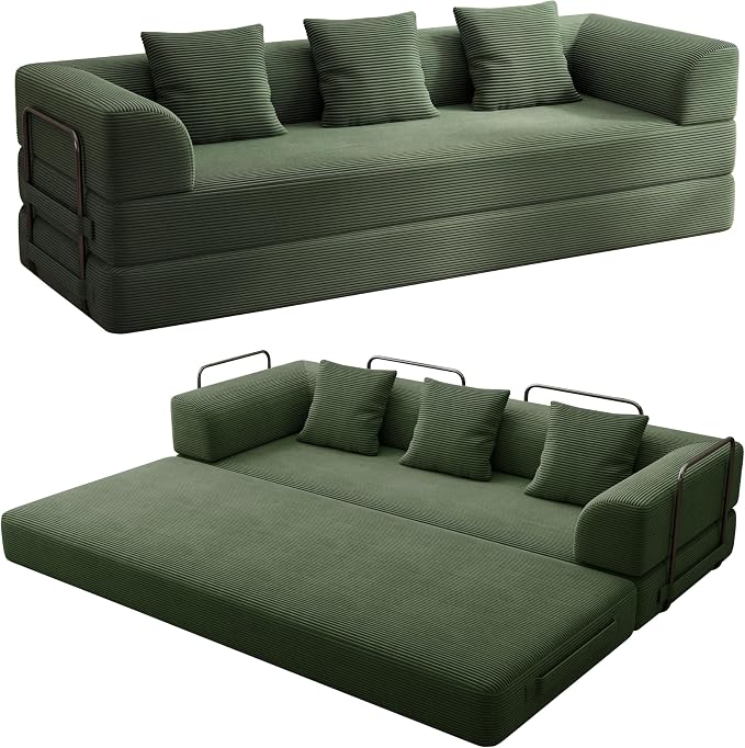 89" Cloud Boneless Convertible Sofa Bed, 5-in-1 Foldable Compressed High-Density Sponge Sofa, Corduroy Fabric 3 Seater Sleeper Couch Futon Daybed for Living Room Bedroom (Green)