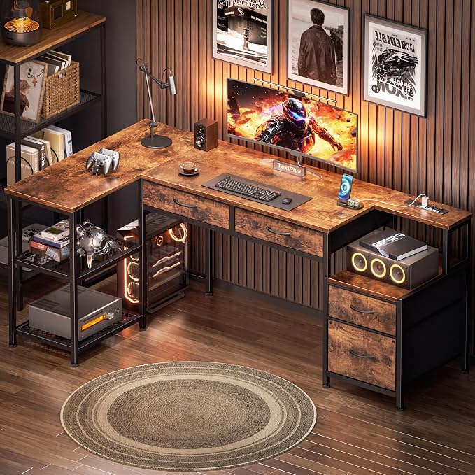 Korfile 57 Inch L Shaped Computer Desk with Power Outlets, Reversible Home Office Desk with 4 Fabric Drawers & 2 Adjustable Mesh Shelves, Corner Study Work Desk with Larger Storage, Rustic Brown