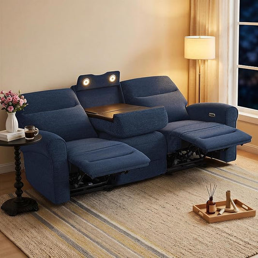 MCombo 87.8" Wall Hugger Power Reclining Sofa with Drop Down Table, 3-Seater Recliner Couch for Small Spaces Living Room RV, USB Ports, Fabric PR635M3 (Navy Blue)