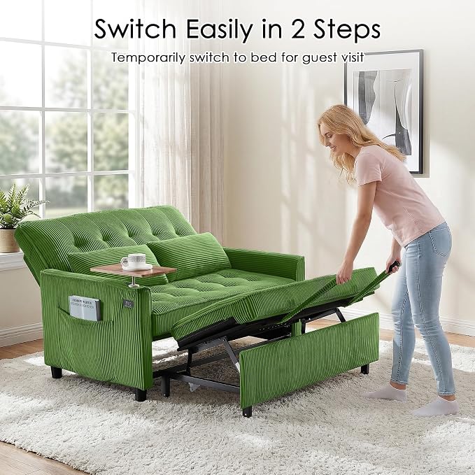 Sleeper Sofa Bed, 54'' Convertible Pull Out Couch with Small Table| USB Port | Stand Table| Corduroy Fabric | Adjustable Backrest for Apartment, Office, Bedroom, Guest Room(Green)
