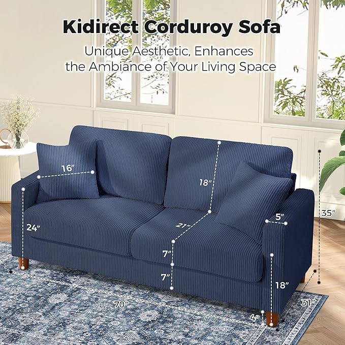 Kidirect 70in Corduroy Couch, Sofa No Tool Assembly, Comfy Couches for Living Room 21in Deeper Seats, Corduroy Sofas for Living Room with 2 Pillows, Oversized Loveseat Sofa, Boho Love Seat Blue Couch