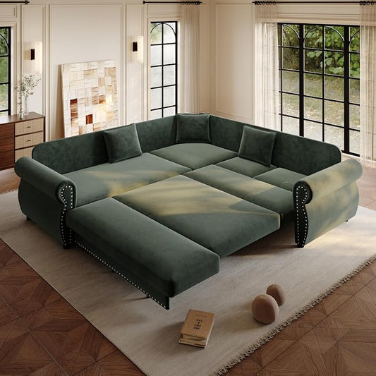 88.2" Sectional Sleeper Sofa with Pull Out Bed - Oversize L-Shaped Convertible Sleeper Couch Bed, Button Tufted Chesterfield Sofa, Chenille Vintage Couches for Living Room/Apartment(4-Seater, Green) | Pull Out couch Bed