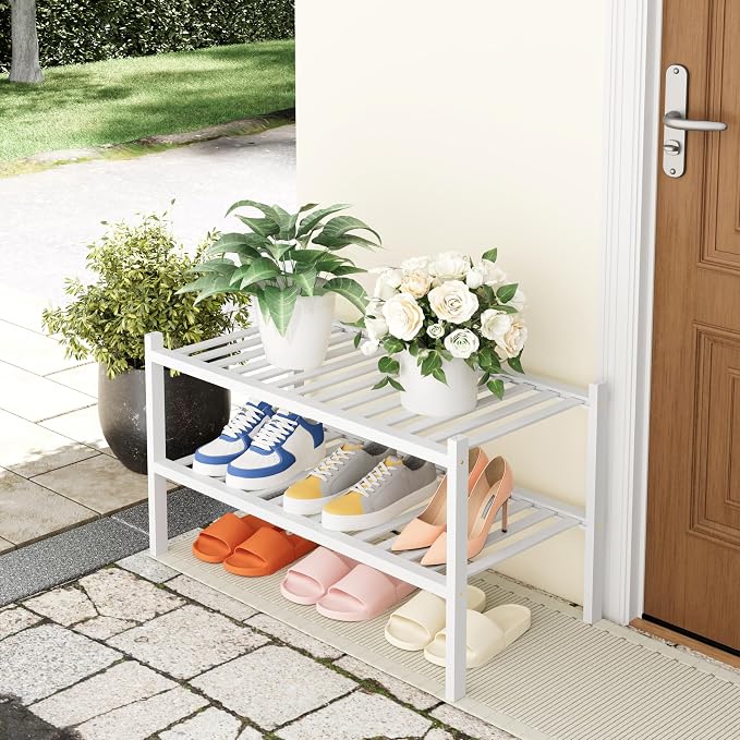 Smiry Bamboo Shoe Rack, 2 Tier Free Standing Wooden Shoe Organizer, Stackable Wood Shoe Storage Shelf for Closet, Entryway, 14 Vertical Slats, One-piece Heavy-Duty Legs, 26.8"x11"x13", White