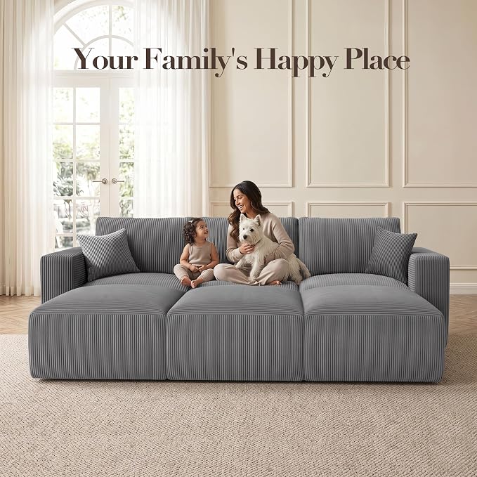 Modular Sectional Sofa Bed with Chaise, 115" Memory Foam Cloud Couch, Boneless Corduroy Upholstered Floor Couch, No Assembly Required Living Room Furniture for Apartment Home, Grey