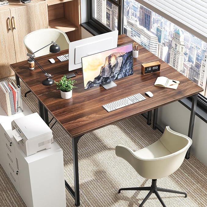 Huuger Computer Desk, 48 Inch Office Desk, Gaming Desk with Storage, Writing Desk Work Desk for Home Office, Study, Modern Simple Desk, Large Legroom, Metal Frame, Walnut