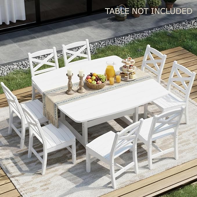 Outdoor Armless Dining Chairs Set of 8,HDPE Patio Chairs with Wide Seat,All-Weather HDPE Patio Armless Chairs for Porch, Backyard, Deck, White, Table not Included