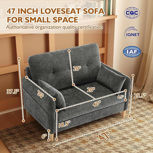 Urhanherry 47" Small Sofa Couch for Bedroom, Soft Chenille loveseat Mini Couch with Throw Pillow and Removable Cushion Cover for Small Spaces, Living Room, Apartment, Dorm, Office(Dark Grey)