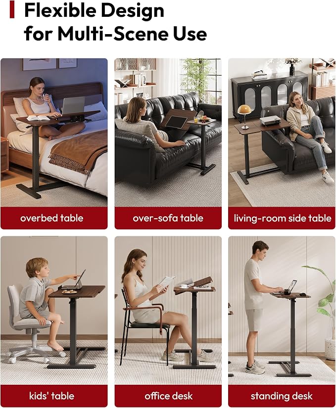 SANODESK Small Rolling Overbed Table Adjustable Height with Wheels, Mobile Laptop Desk with Tilting Desktop, Portable Computer Workstation for Home Office, Classroom, Bedside, Black Walnut