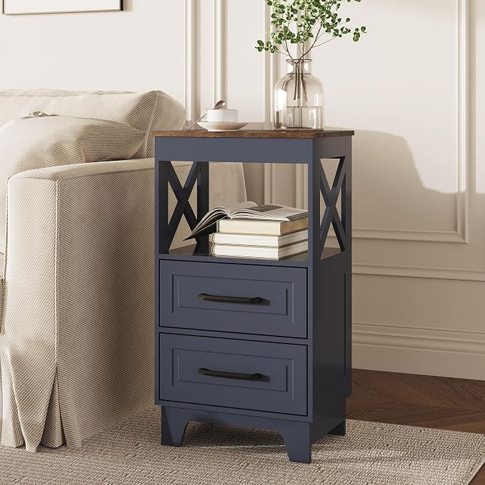 Tall Nightstand Set of 2 Side Table with 2 Drawers Modern Night Stand Wooden Rustic End Table Bedside Table with Upper Open Shelf Solid Feet for Bedroom Navy Blue+Walnut
