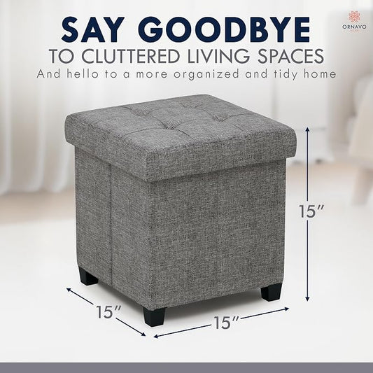 Ornavo Home Storage Ottoman with Legs, Square Cube Foot Rest Stool Seat, for Living Room, Bedroom, Home Office, Dorm - 15 x 15 x 15, Dark Gray