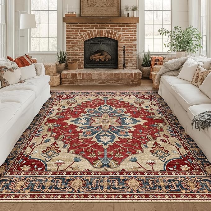 RELEANY Area Rugs Square 8ft Washable Non-Slip, Floral Vintage Distress Medallion Carpet for Living Room Bedroom Dining Room, Red Blue