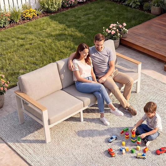 3-Seat Aluminum Outdoor Sofa, 1-Piece Powder-Coated Patio Sectional Sofa with 1.5mm Thick Frame, Anti-Hot Armrest & Waterproof Removable Cushions, Large Outdoor Couch for Backyard Courtyard Beige