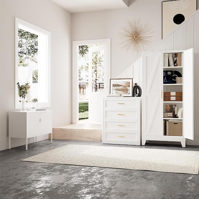 71”H Metal Kitchen Pantry Cabinet, Pantry Cabinets with 2 Doors and 4 Shelves, Kitchen Cabinet for Kitchen, Dining Room, Living Room and Bathroom, White