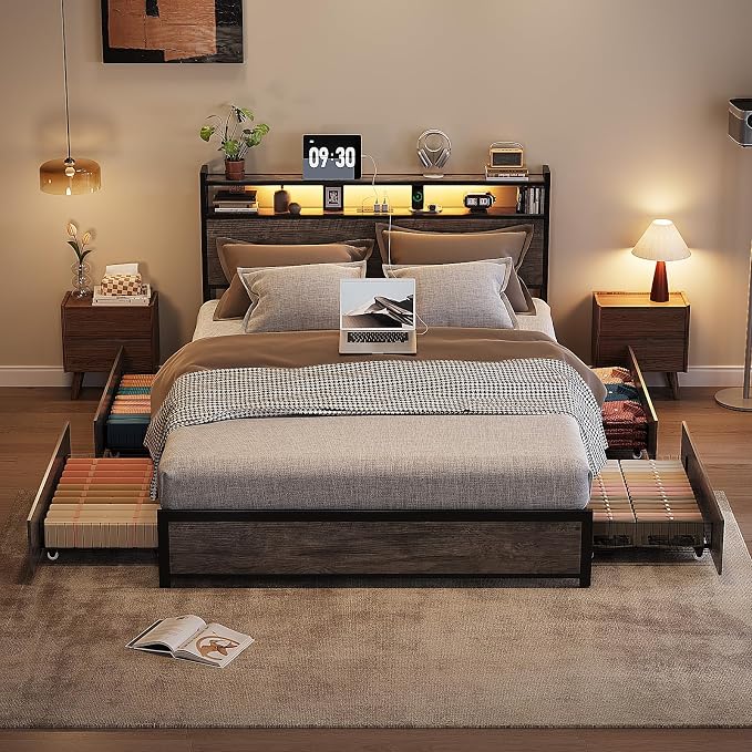 VINGLI King Bed Frame with 4 Storage Drawers and Adjustable Headboard Shelf, Metal Platform Captain Bed with Charging Station and RGB LED Lights, No Box Spring Needed, Noise Free, Wash Grey