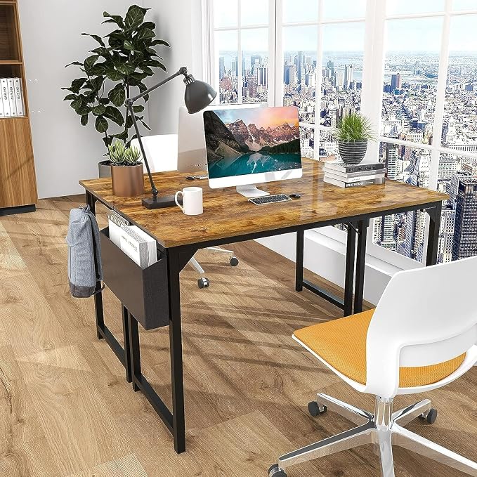 Sweetcrispy Computer Office Desk 55 Inch Student Study Writing Work with Metal Frame Wood Tabletop Modern Simple PC Home Bedroom Table, Rustic Brown, Compact Sturdy Desk for Laptop, Study, Gaming