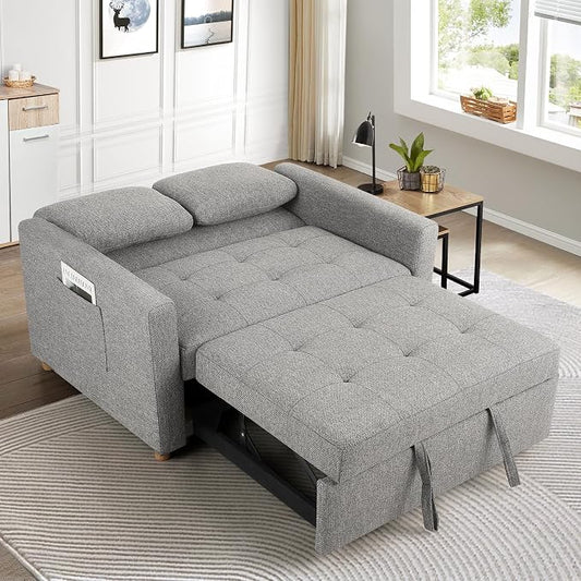 SEJOV Convertible Sofa Bed, 3-in-1 Sleeper Sofa Pull Out Couch Bed, 2-Seater Linen Fabric Loveseat Futon Sofa with Spring Support, Adjustable Backrest for Small Spaces, Living Room, Grey