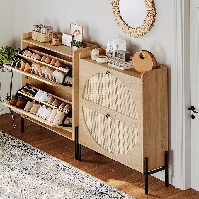 IRONCK Shoe Cabinet Storage with 2 Flip Drawers, Free Standing Wooden Shoe Storage Organizer Cabinet with Rattan Doors for Entryway, Narrow Shoe Rack Cabinet, Oak