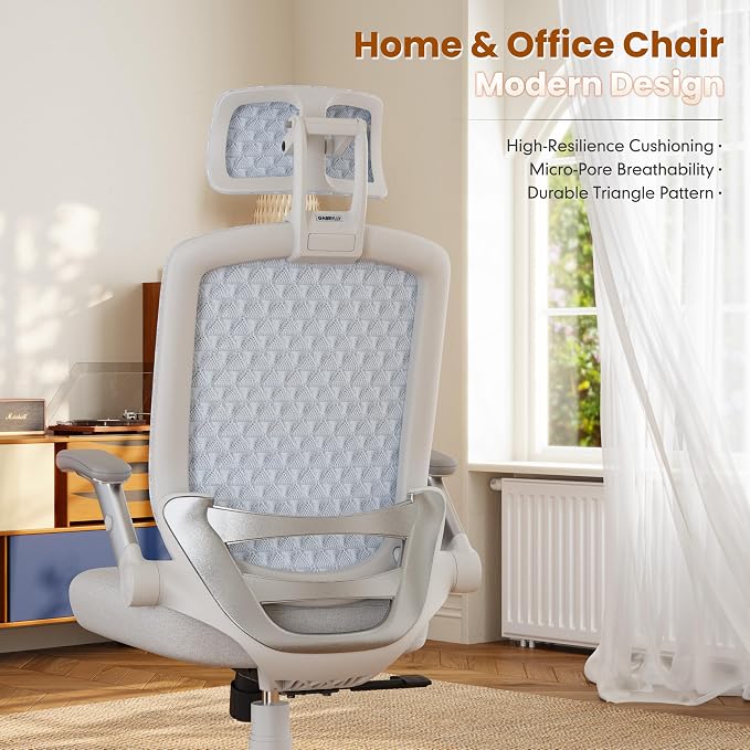 GABRYLLY Ergonomic Office Chair, High Back Home Desk Chair with Flip-Up Arms, 3D Headrest, Thick Sponge Seat &90-120° Recline, Big and Tall Mesh Executive Chairs for Man Woman, Glacier Flow