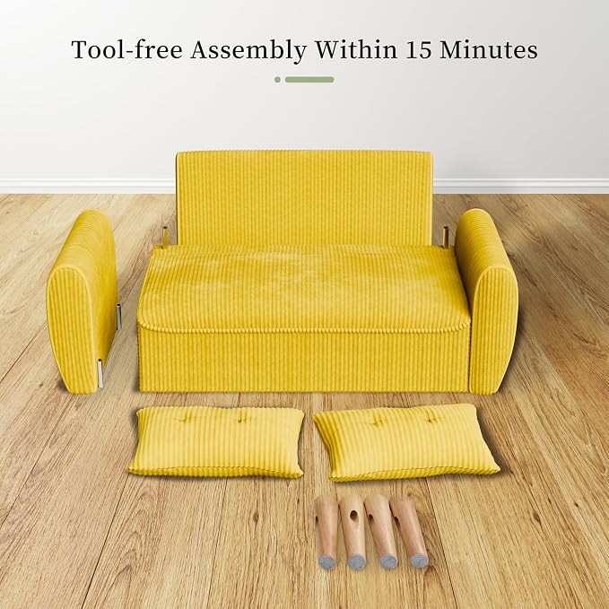 Vongrasig 48" Small Modern Loveseat Sofa, Mid Century Soft Corduroy Fabric 2-Seat Sofa Couch Tufted Love Seat with Back Cushions and Tapered Legs for Living Room, Bedroom and Small Space (Yellow)