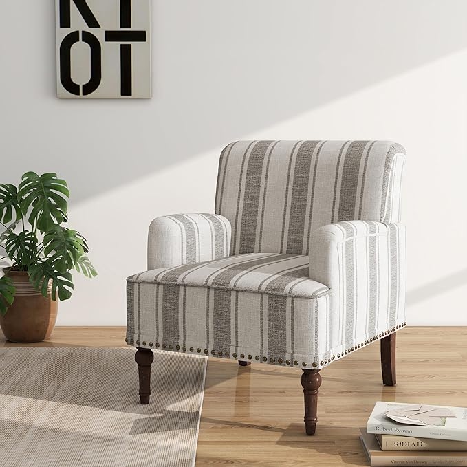 Accent Chair, Mid Century Modern Comfy Armchair for Living Room, Linen Fabric Single Sofa Lounge for Reading Bedroom Apartment Waiting Room with Wood Legs (Grey Stripe, Set of 2)