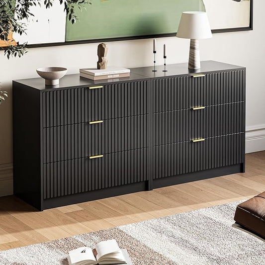 MAISONARIA 3-Piece Dresser Bedroom Set, 9 Drawer Dresser & 3 Drawer Nightstands with Gold Handles, Fluted Wood Chest of Drawers for Bedroom, Living Room, Entryway, Black