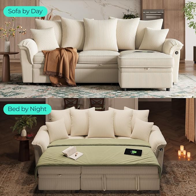 LINSY HOME 90.5'' Sectional Sleeper Sofa with Pull Out Couch Bed Modular (Beige, 90.5'') | USB Charging