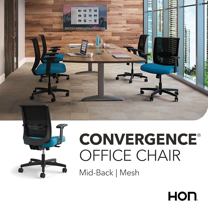 HON Convergence Ergonomic Office Chair with Mesh Back, Adjustable Arms, Lumbar Support, Synchro‑Tilt Desk Chair with Wheels for Home Office or Computer Use, Black Frame, Peacock