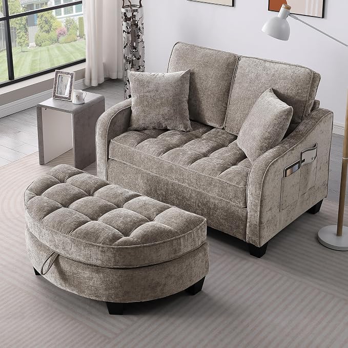 ERYE Chenille Tufted Loveseat Sofa and Ottoman Set, Tufted Recliner Sleeper Chaise Lounge with Curved Storage Ottoman,Reclining Backrest and Side Pockets, 4 Pillows