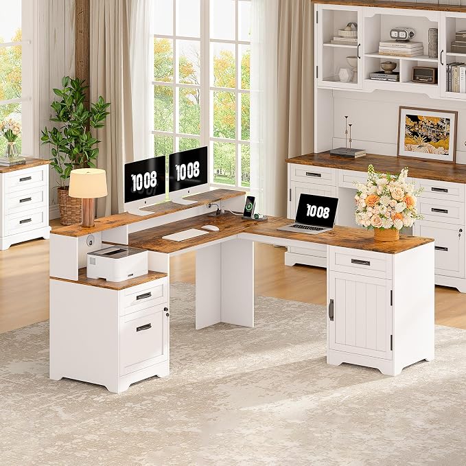 Whalefall 63'' Farmhouse L Shaped Desk with Monitor Stand Shelves, White | Corner Computer Desk with Drawers, Executive Home Office L Desk with File Cabinet Storage and Charging Station