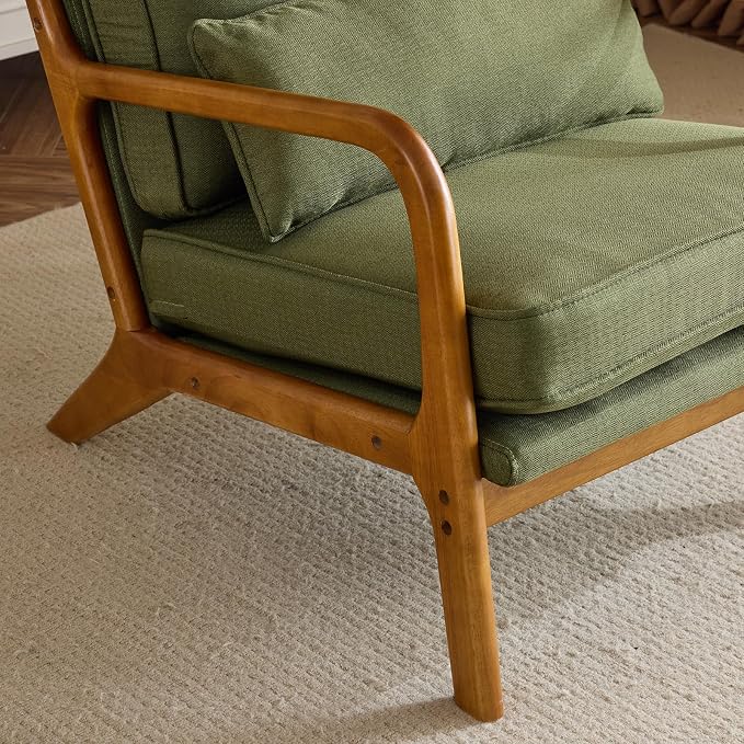 Bonnlo Dark Green Linen Mid Century Modern Accent Chair, Soild Wood Padding Lounge Armchairs Side Sitting Chairs for Living Room, Bedroom, Guest Room