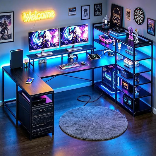 DurayLoly 63" L Shaped Gaming Desk with Monitor Stand & CPU Stand, Reversible Corner Desk with 6-Tier Shelves& 2 Fabric Drawers, Ergonomic Computer Desk with Power Outlet & LED Lights,Black