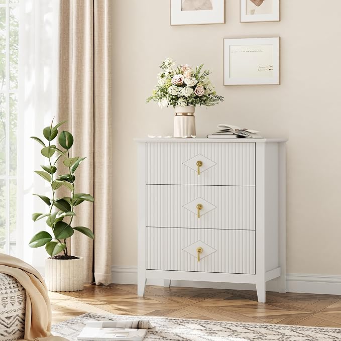 GarveeHome Wood Nightstand Fluted Dresser for Bedroom, 27.5" Wide 3-Drawer Bedside Tables, Modern Chest of Drawers, Storage End Table Living Room, Hallway, Entryway, White