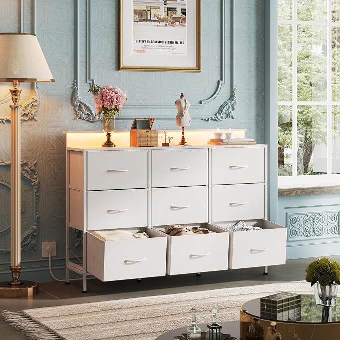 WLIVE White Dresser TV Stand for 45, 50, 55 inch TV, Entertainment Center with LED Lights & Charging Station, Chest of drawers with 9 Fabric Drawers and Open Shelves for Living Room, Hallway, Wood Top