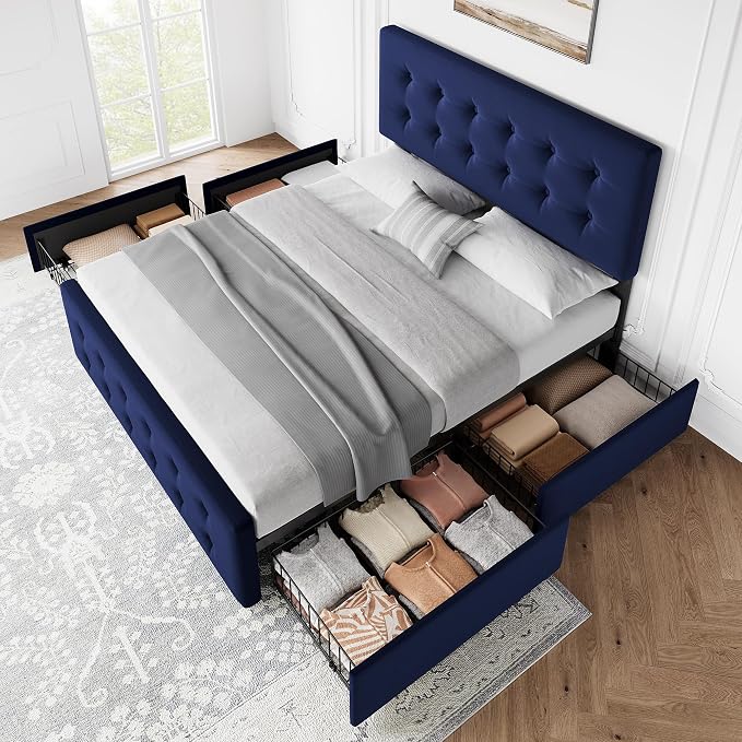 IDEALHOUSE Full Size Bed Frame with 4 Storage Drawers and Headboard, Velvet Upholstered Platform Bed Frame with Wooden Slats Support, Button Tufted Design, No Box Spring Needed, Blue