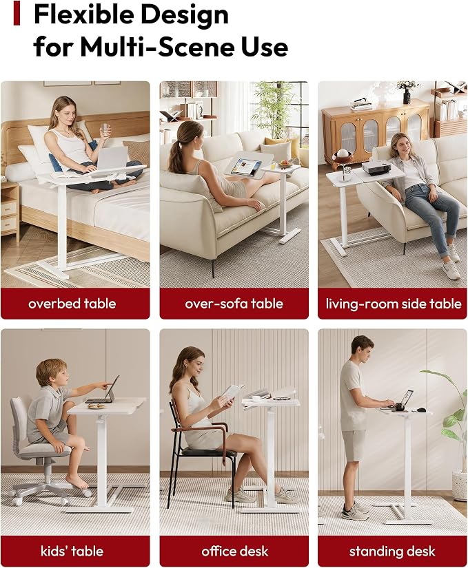 SANODESK Small Rolling Overbed Table Adjustable Height with Wheels, Mobile Laptop Desk with Tilting Desktop, Portable Computer Workstation for Home Office, Classroom, Bedside, White