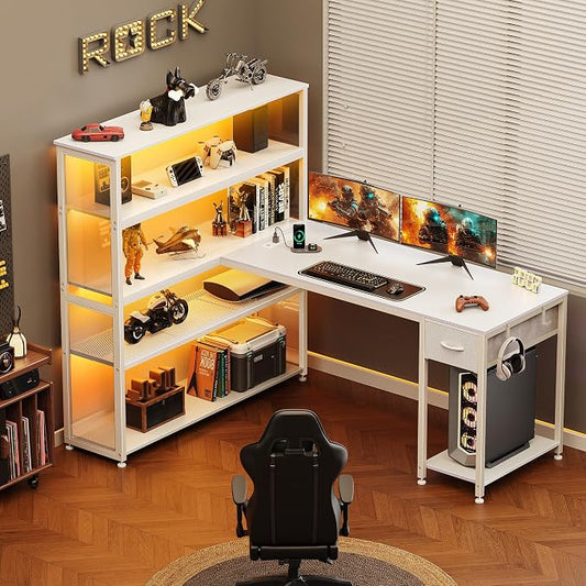 PRAISUN 57 Inch L Shaped Gaming Computer Desk with Larger Open Cabinet, Reverisble Office Desk with Power Outlets, LED Lights, Work Desk, Fabric Drawer, Adjustable Wood and Mesh Shelf, White