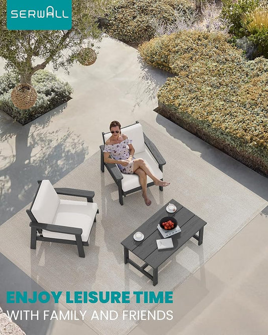 SERWALL HDPE Outdoor Couch Set of 2, All-Weather Wood-Like Patio Furniture Set, Outdoor Sofa Chairs with Khaki Cushions