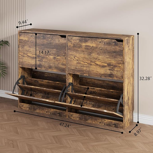 Shoe Storage Cabinet, Wood Shoe Organizer for Entryway with 3 Flip Drawers, Freestanding Shoe Rack with Adjustable Shelf, Narrow Shoe Dresser for Front Door Entrance (Brown, 4 Drawers)