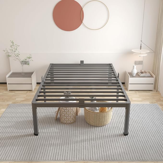 ROIL 18 Inch Twin XL Bed Frame with Rounded Corner and Headboard Hole Mattress Retainers 3500LBS Metal Heavy Duty Steel Slats No Box Spring Needed Platform Noise-Free Easy Assembly