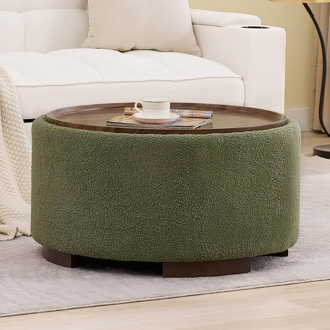 29.5 Inch Round Storage Ottoman Coffee Table,Modern Circle Coffee Table with Storage with Removable Lid Top and Solid Wood Legs,Large Round Ottoman for Bedroom,Living Room,Teddy Fleece,Green