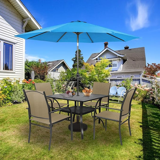 SUNCROWN 6 - Piece Outdoor Dining Set, Patio Furniture Set with 4 Textilene Dinning Chairs, 1 Steel Slat Metal Bistro Table and 1 Sky Blue 9Ft Patio Umbrella for Lawn Garden Backyard Deck, Brown