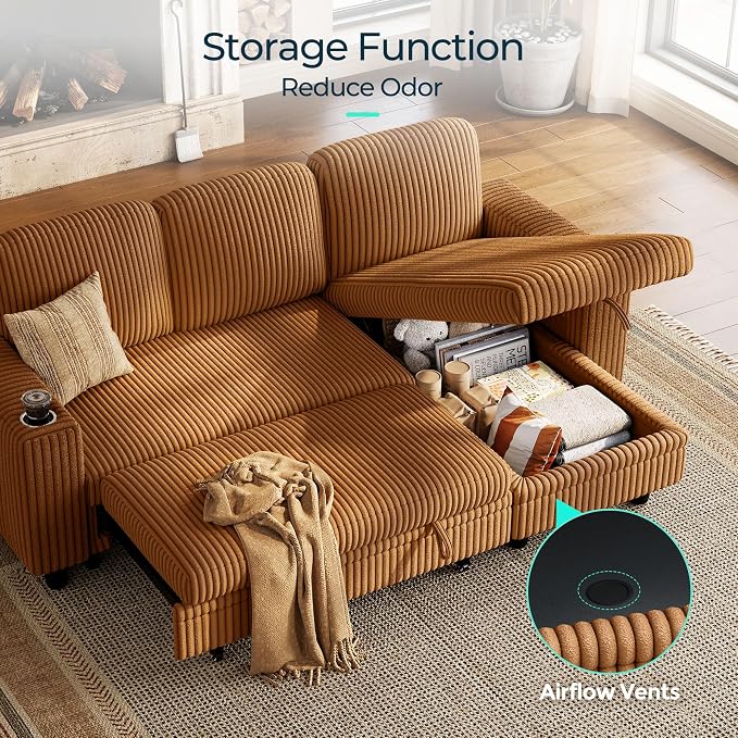 LINSY HOME Sectional Sleeper Sofa with Storage Chaise & USB Charging, Convertible Pull Out Couch Bed Plush Corduroy Modular Sectional Couches for Living Room Apartment (Brown)