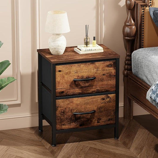 Sweetcrispy Nightstand Set of 2 with 2 Storage Drawers, Small Bedside Table | 20" Height End Table, Wooden Top Fabric Cabinet for Bedroom, Furniture, Closet, College Dorm, Brown